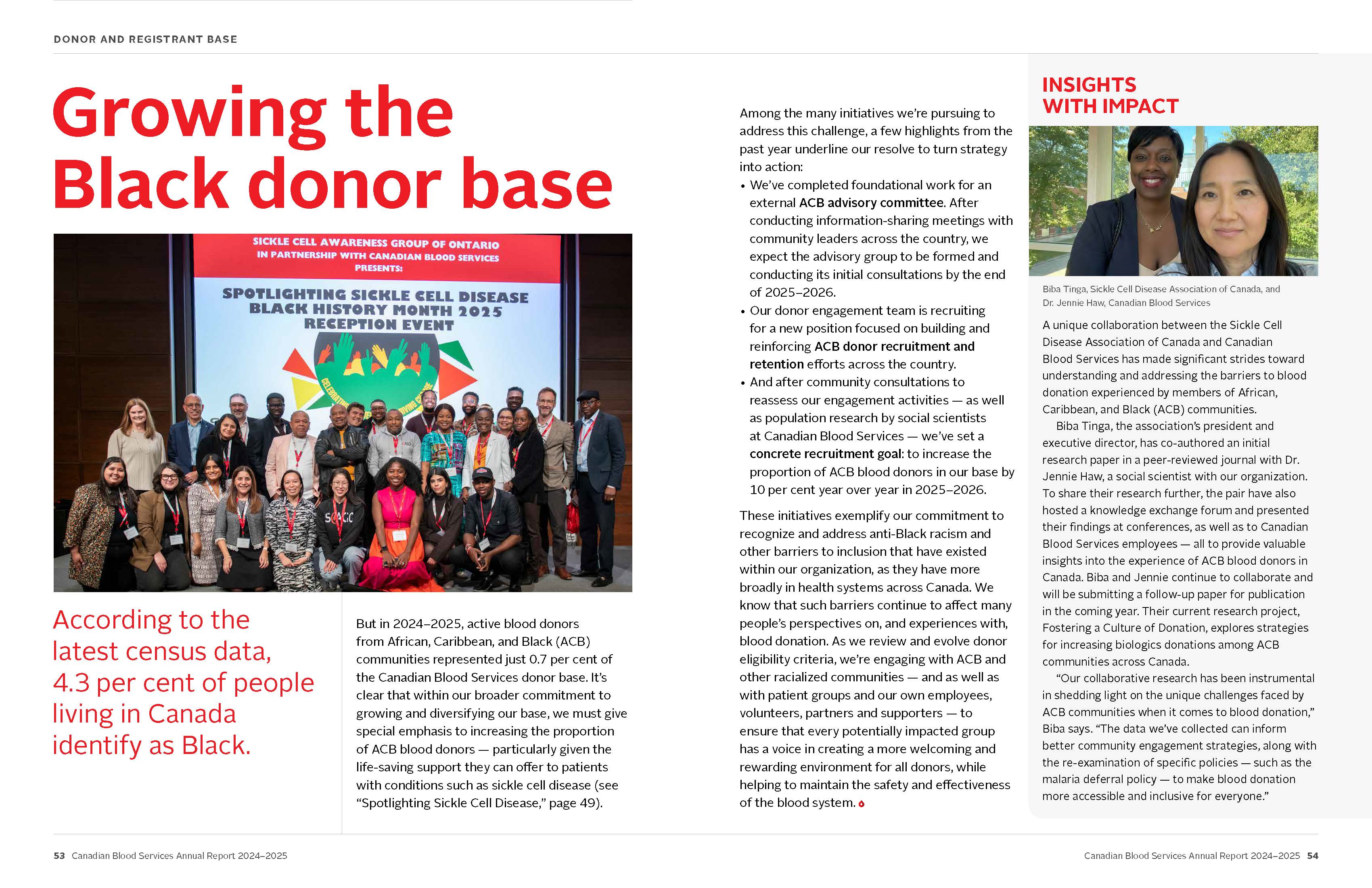 Screenshot of page 53 of the Canadian Blood Services Annual Report called Growing the Black donor base