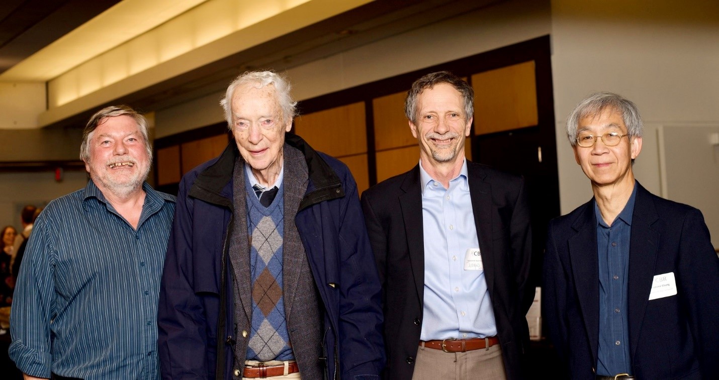 Dr. Ross MacGillivray, a founder of the Centre for Blood Research and a former student of Dr. Davie’s, with Dr. Davie, Jim Davie (Dr. Davie’s son), and Dr. Dominic Chung, also a former student of Dr. Davie.
