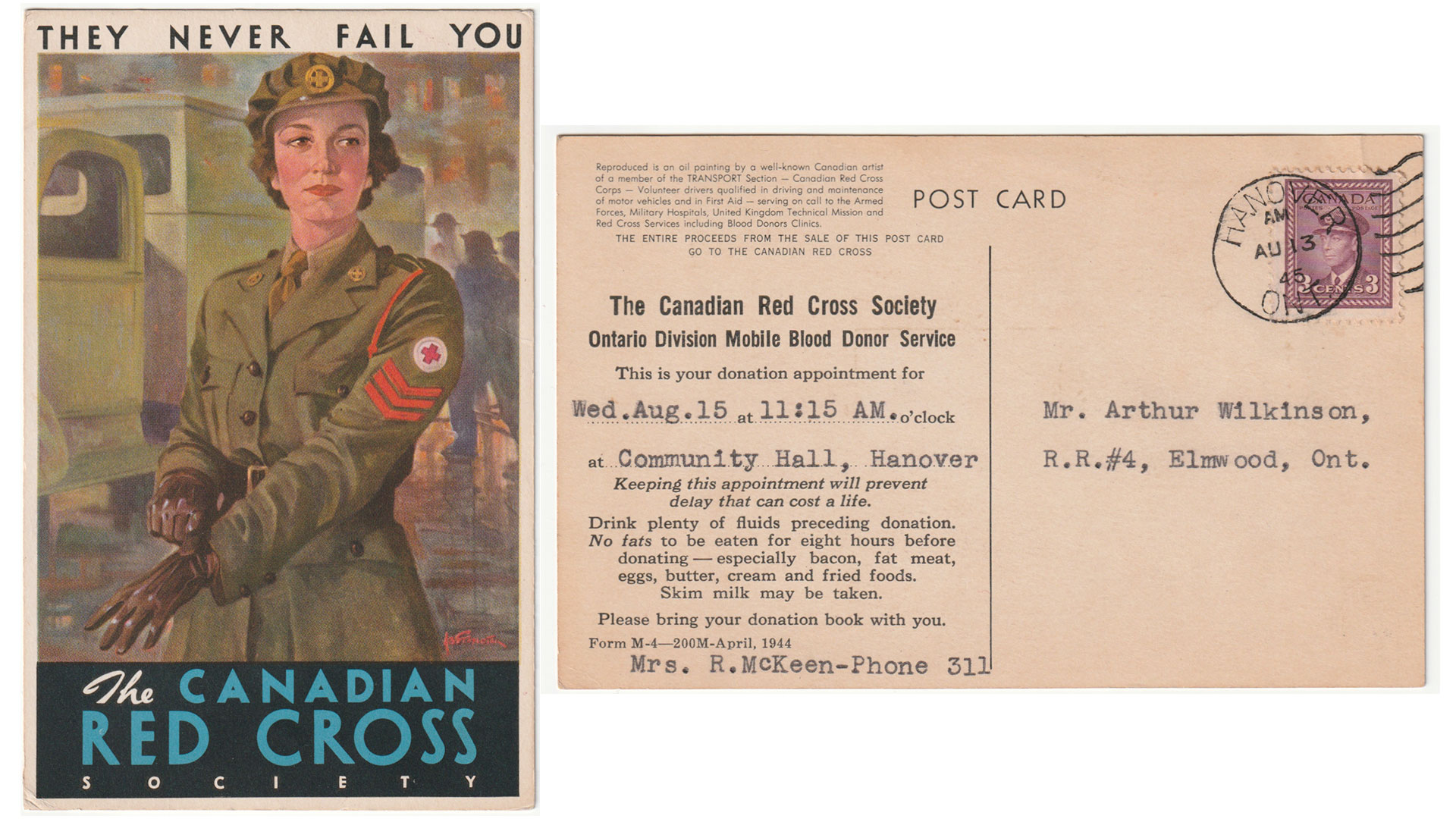 A postcard from the Canadian Red Cross Society with mobile blood donor clinic appointment information printed on the back.