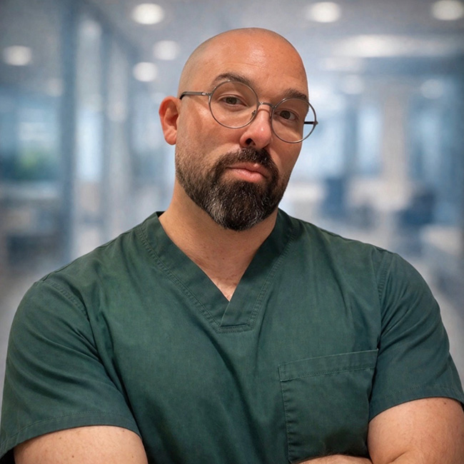 Headshot of Dr. Murdoch Leeies, wearing dark green scrubs, glasses, standing with arms crossed.