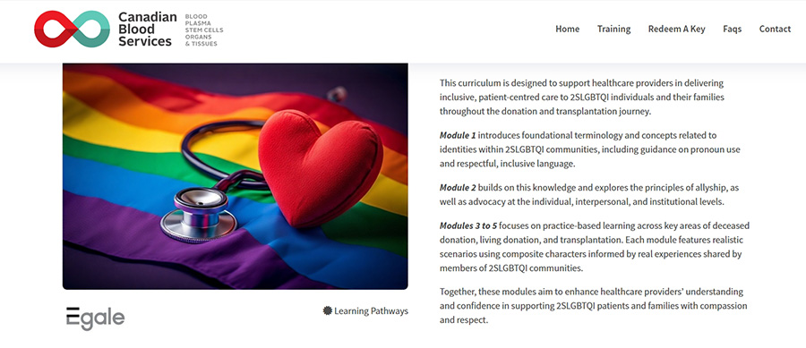 Screenshot from a Canadian Blood Services website showing learning modules in small text beside an image.