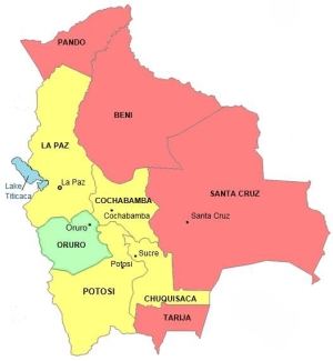 Map of malaria risk in various areas of Bolivia