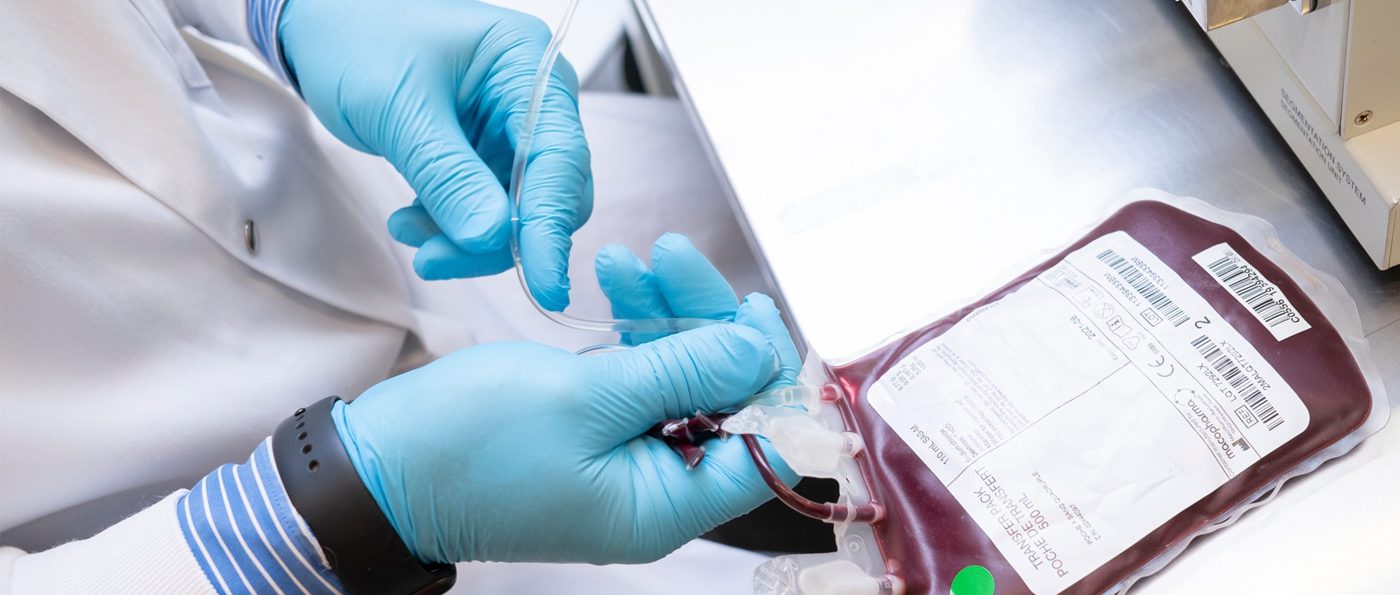 Blue Gloved hands with a blood bag