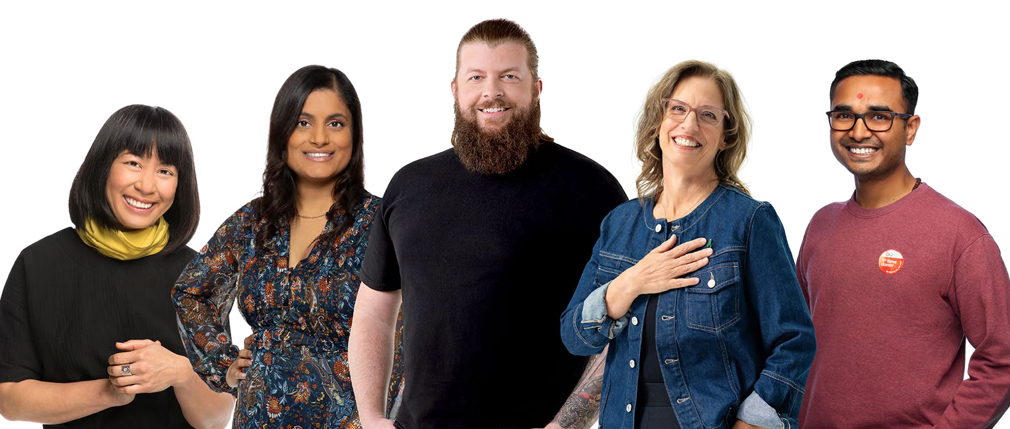 Five people connected to Canada’s Lifeline, stand and smile looking toward the camera. 