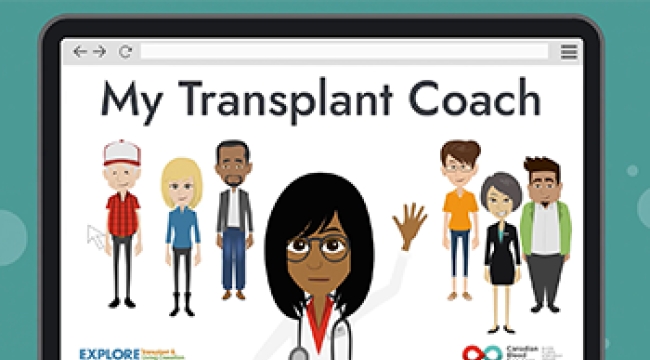 My Transplant Coach screen the images of a doctor and potential organ donors and recipients. 