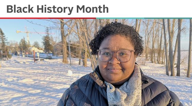 Élodie Guitteaud, a Black employee at Canadian Blood Services poses outside by the snow.