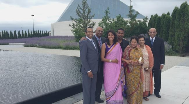 Salim Amlani and his family outside Ismaili Centre in Toronto in 2016