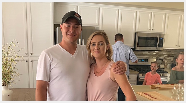 Scott Monds puts an arm around his stem cell donor Danielle Bean during a visit that followed the first of his two stem cell transplants. 